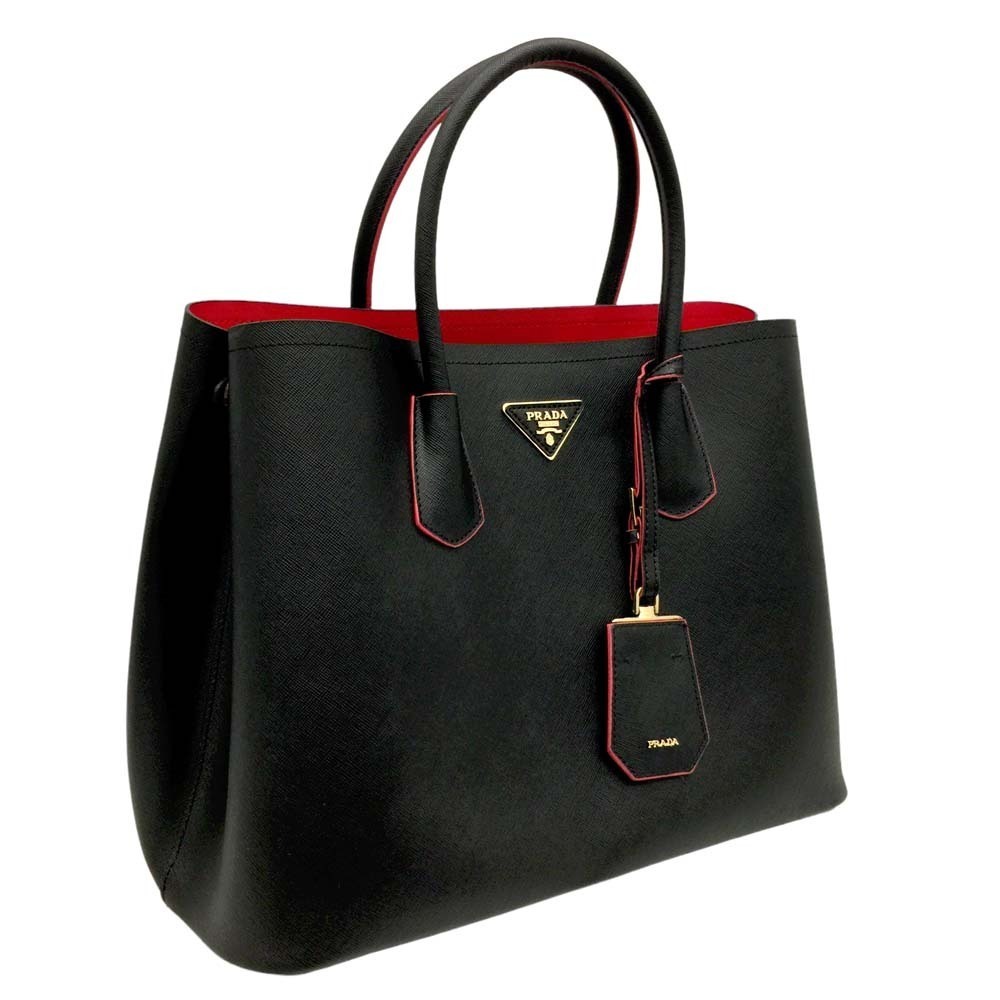 Prada Bag Saffiano Cuir Handbag Embossed Leather Black Red Triangle Plate